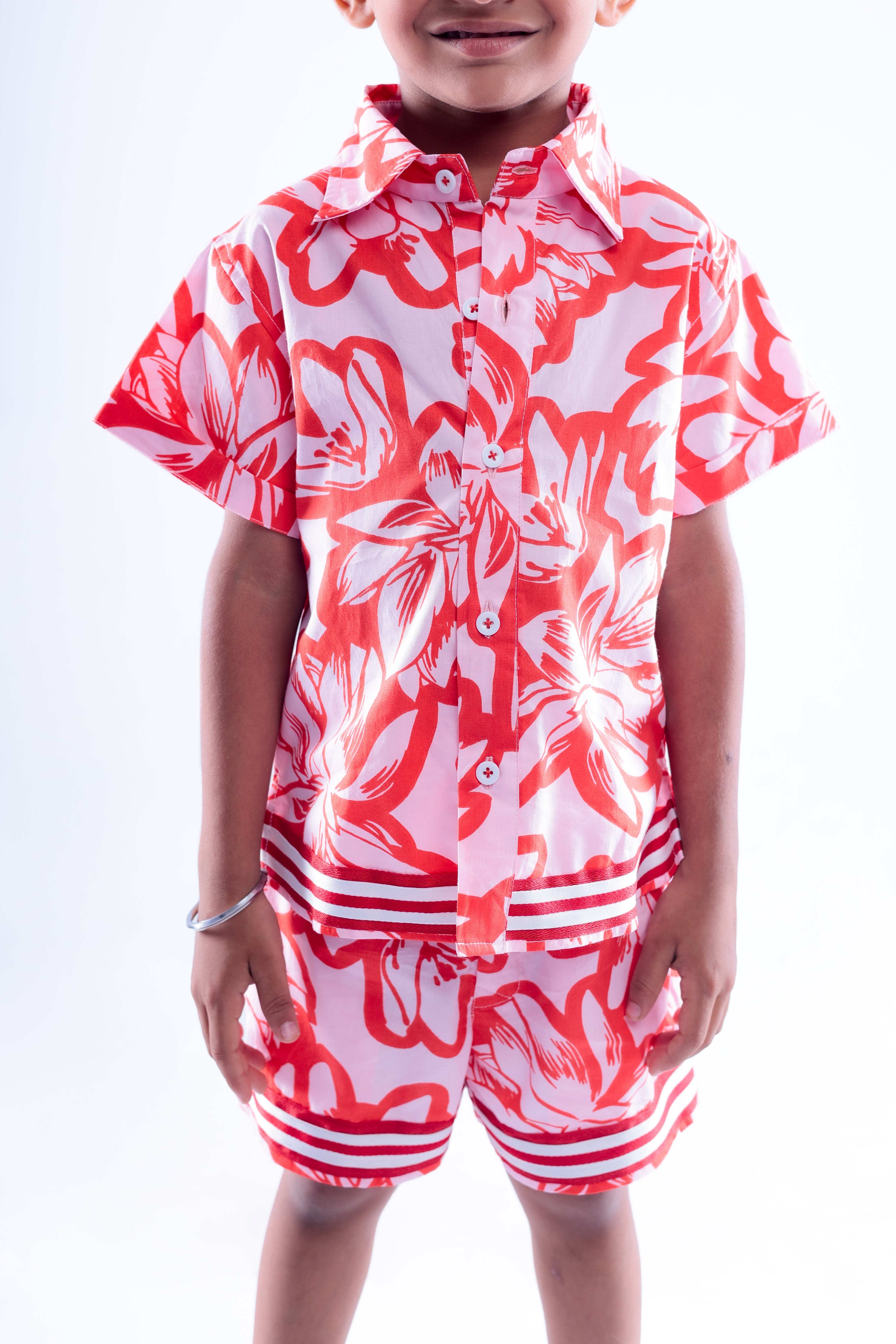 Red and Pink Floral Print Shirt and Shorts