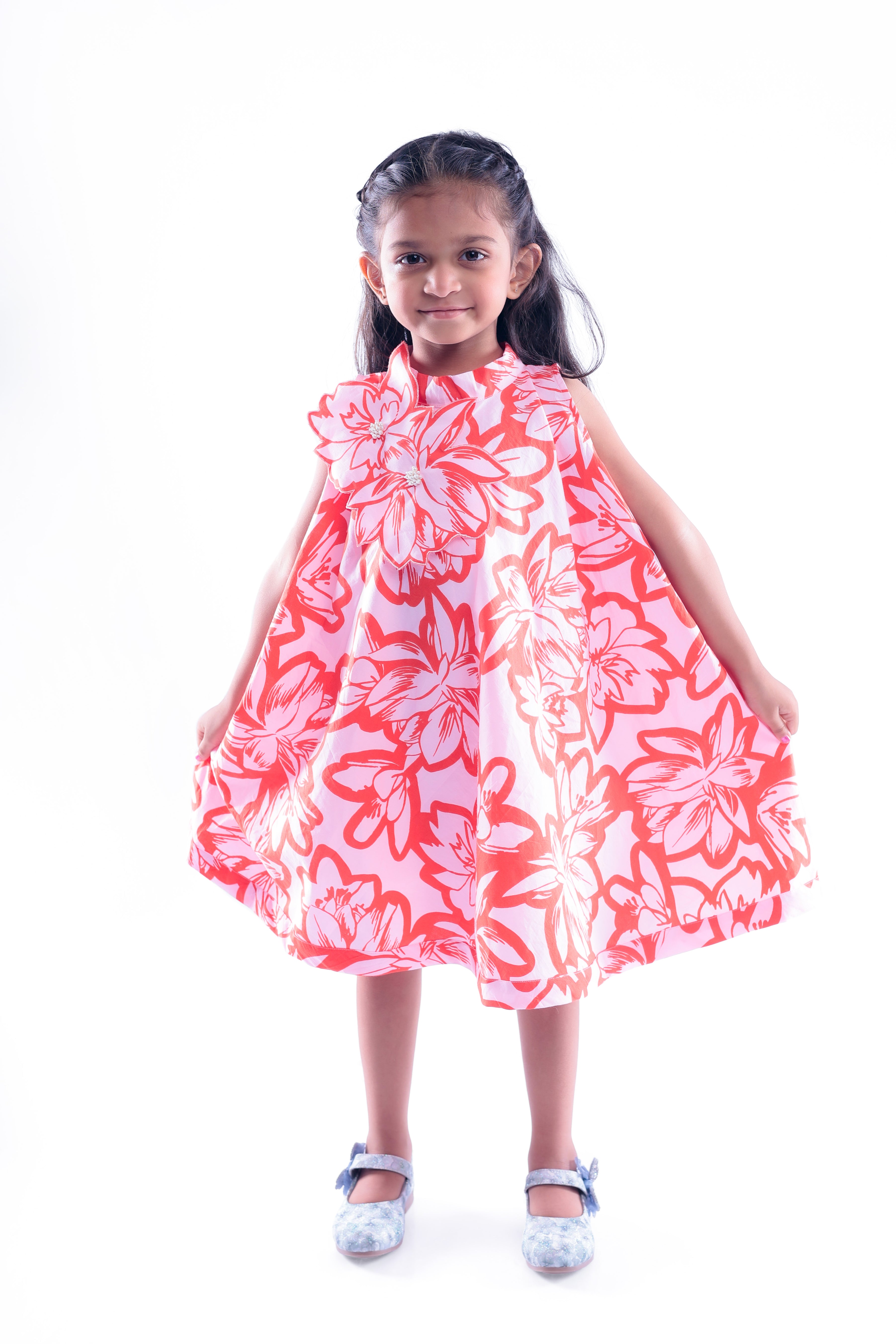 Red and Pink Floral Print Dress