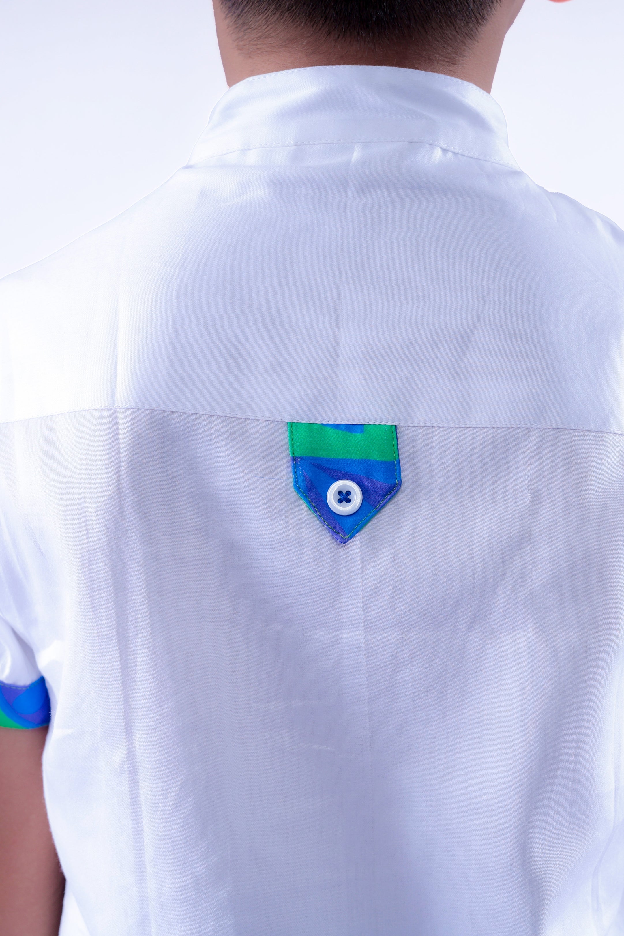 White Shirt with Blue Green Lemon Shorts