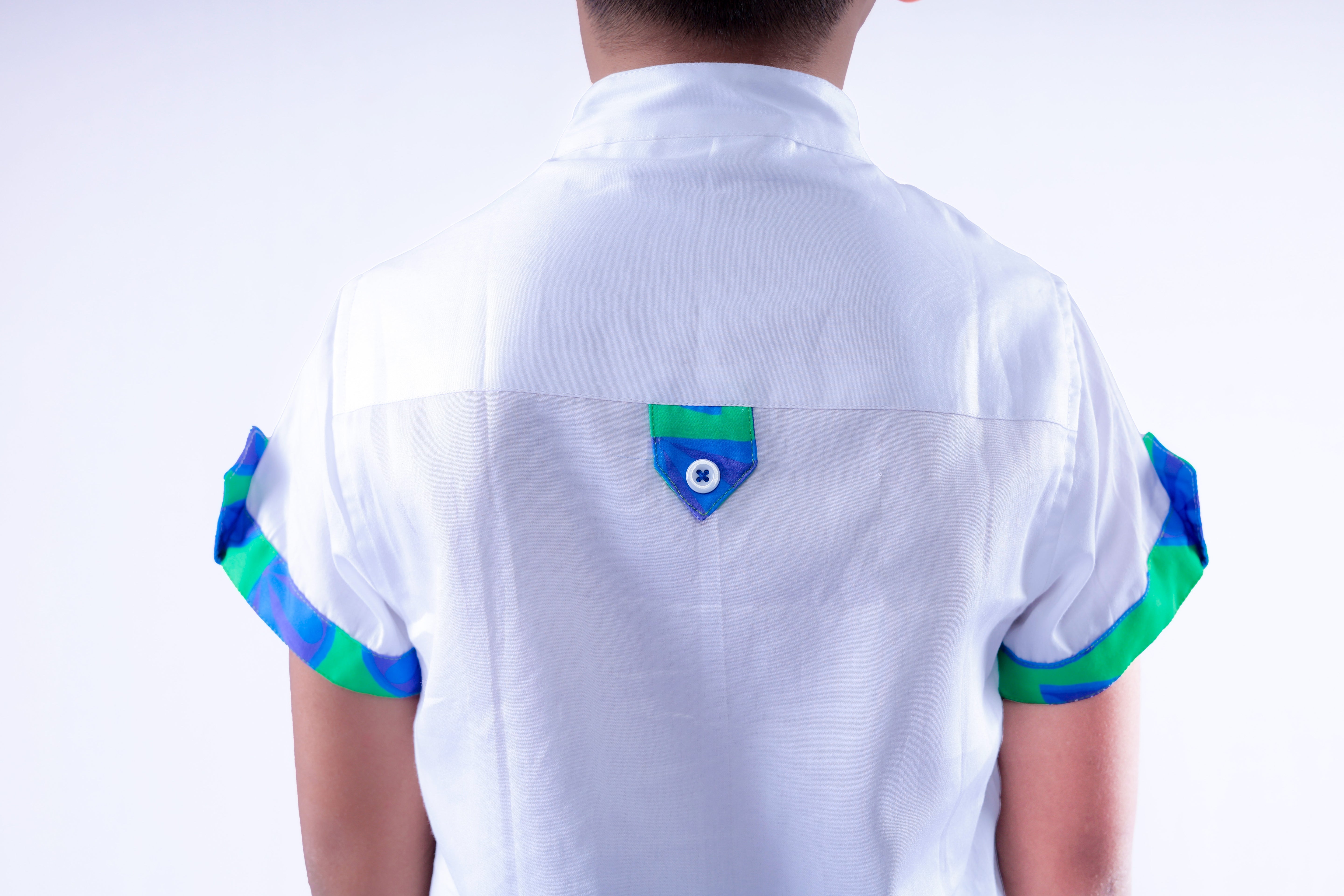 White Shirt with Blue Green Lemon Shorts