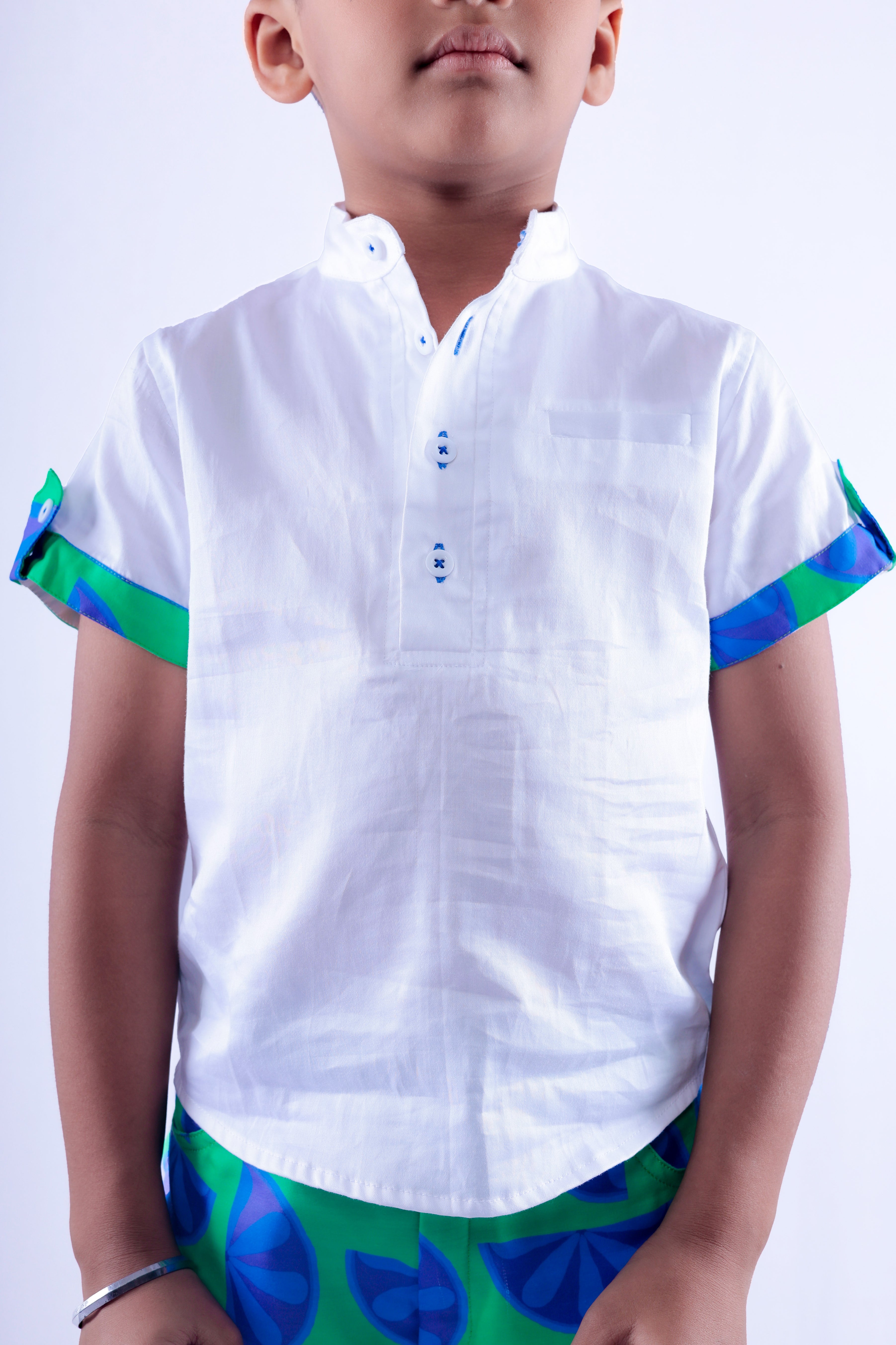 White Shirt with Blue Green Lemon Shorts