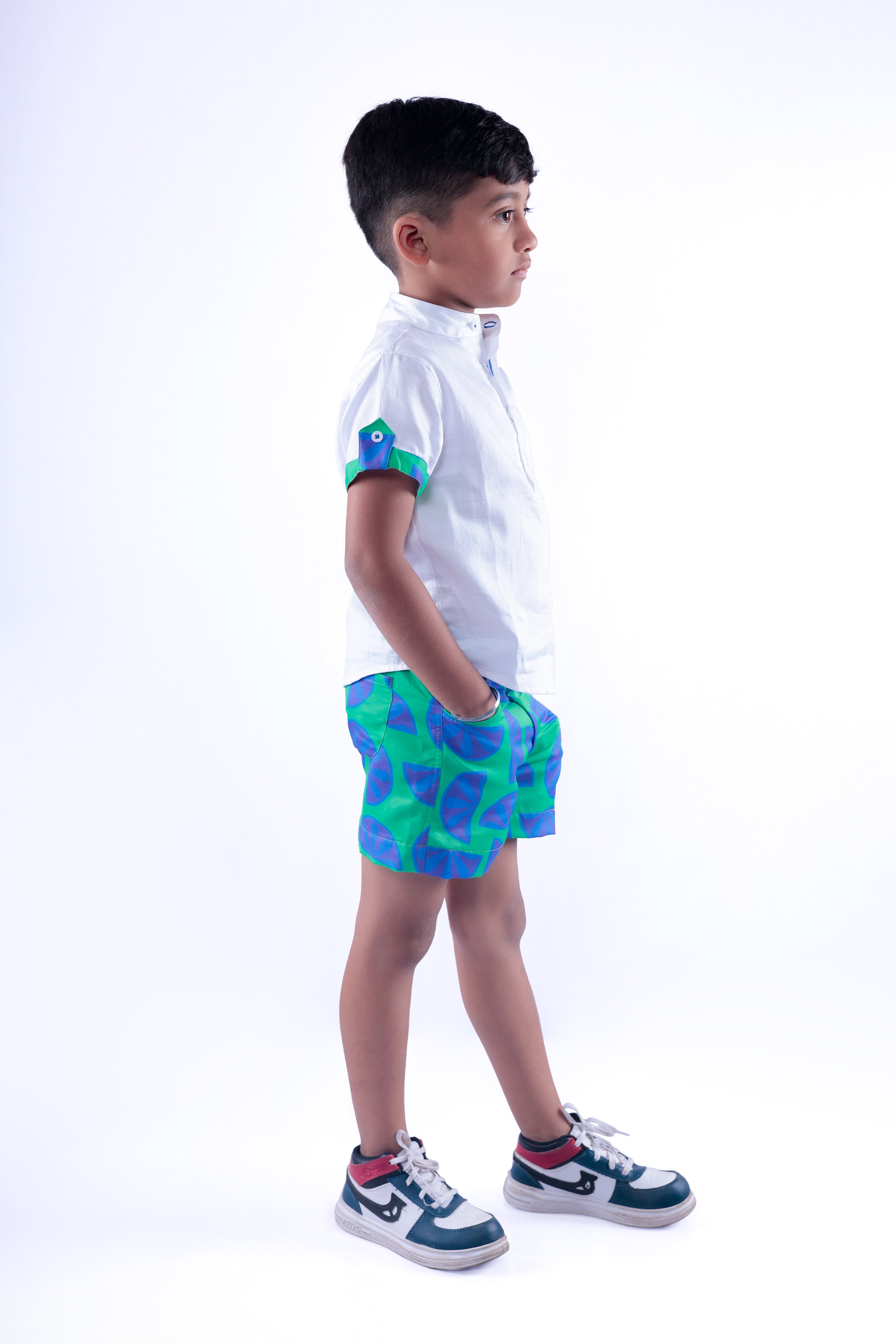 White Shirt with Blue Green Lemon Shorts