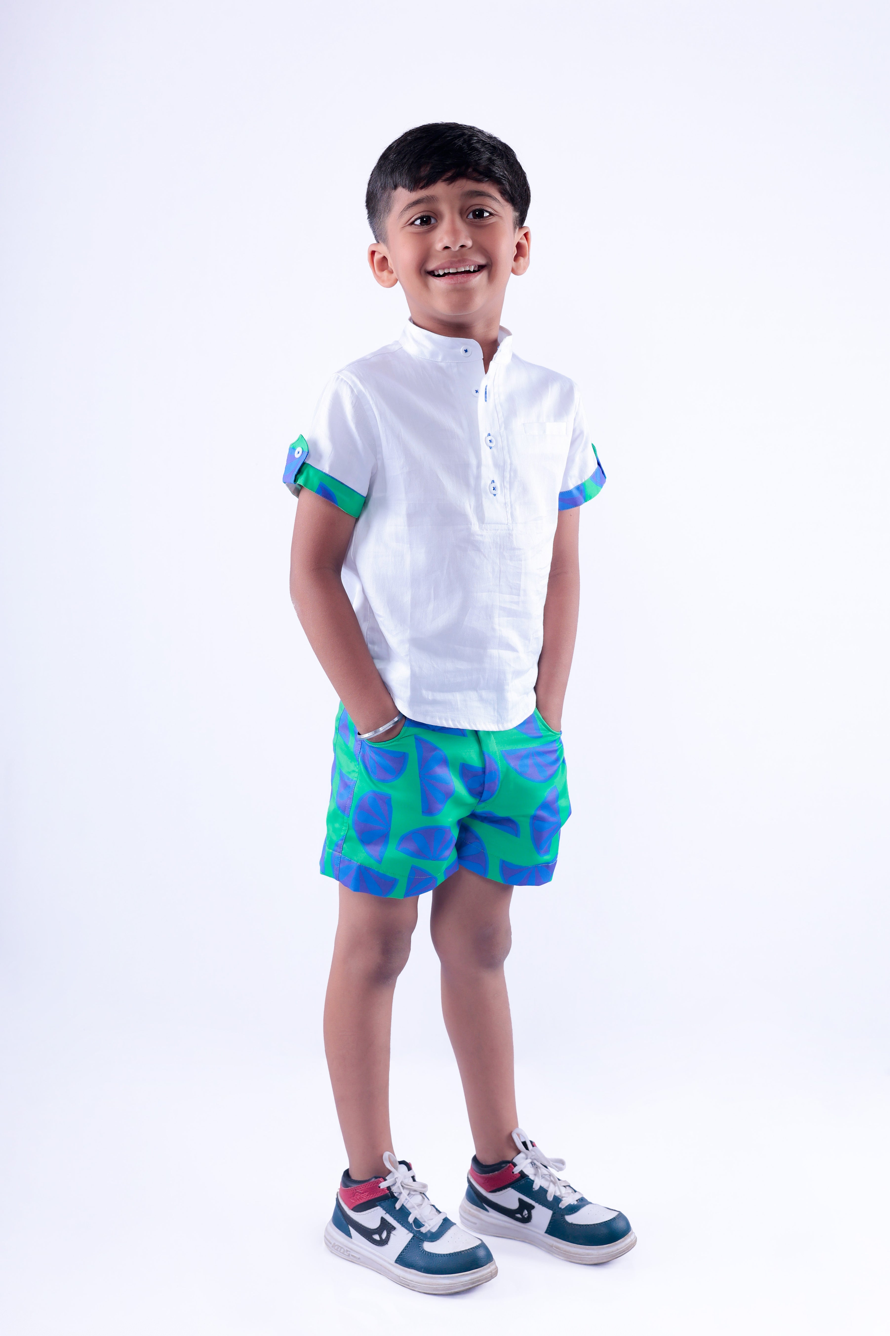 White Shirt with Blue Green Lemon Shorts