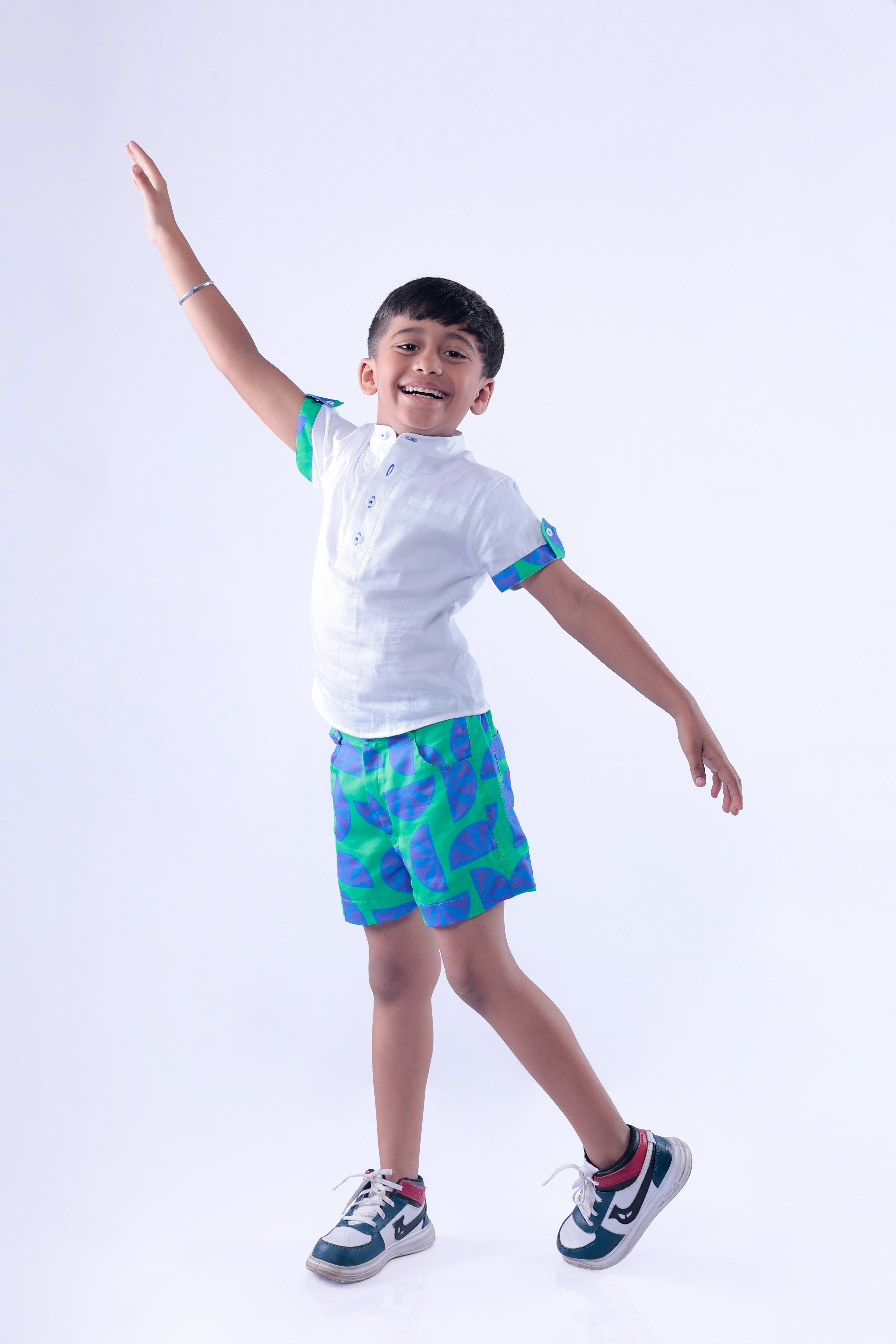 White Shirt with Blue Green Lemon Shorts