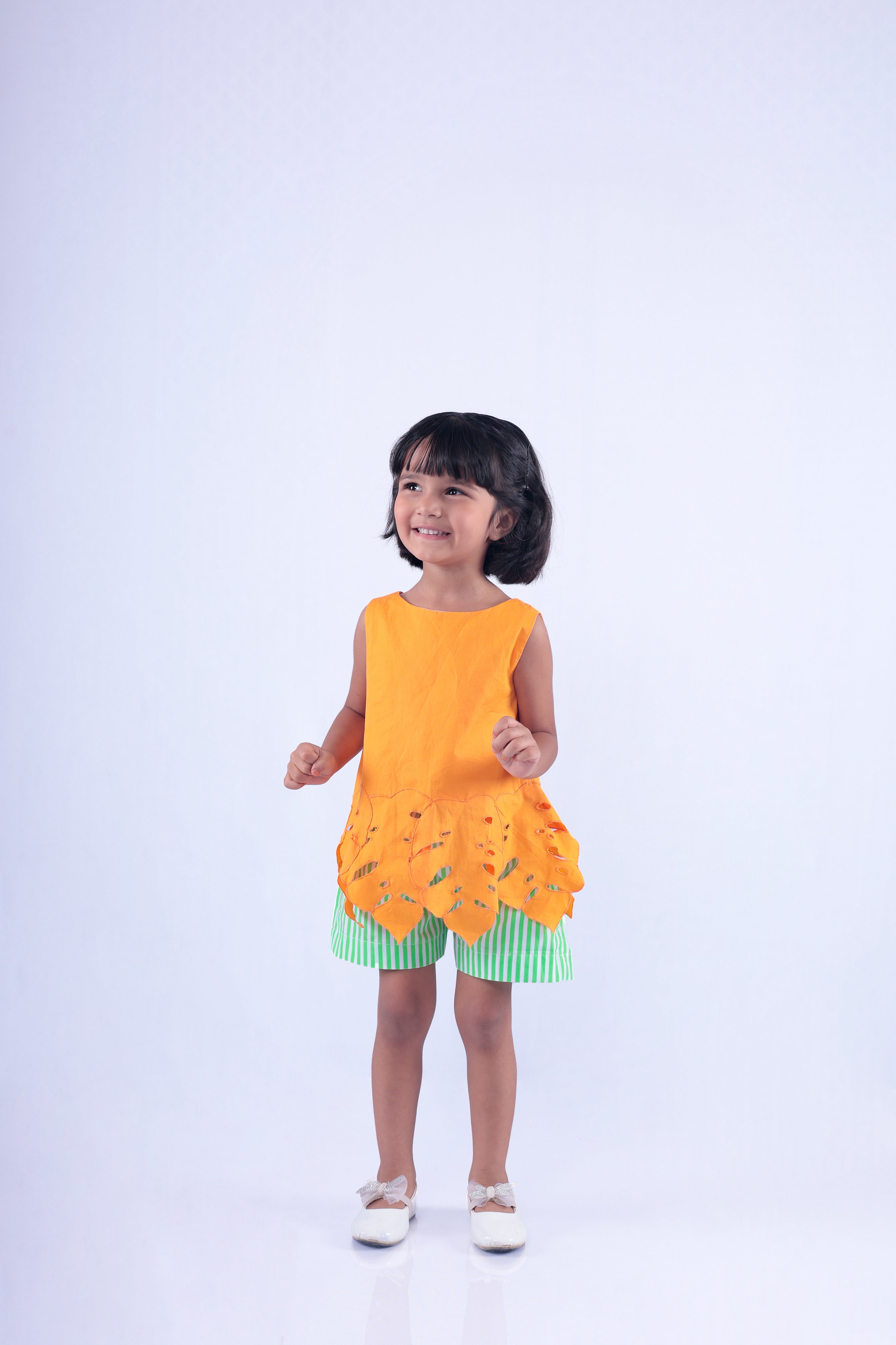 Orange Top with Green and White Stripe Shorts