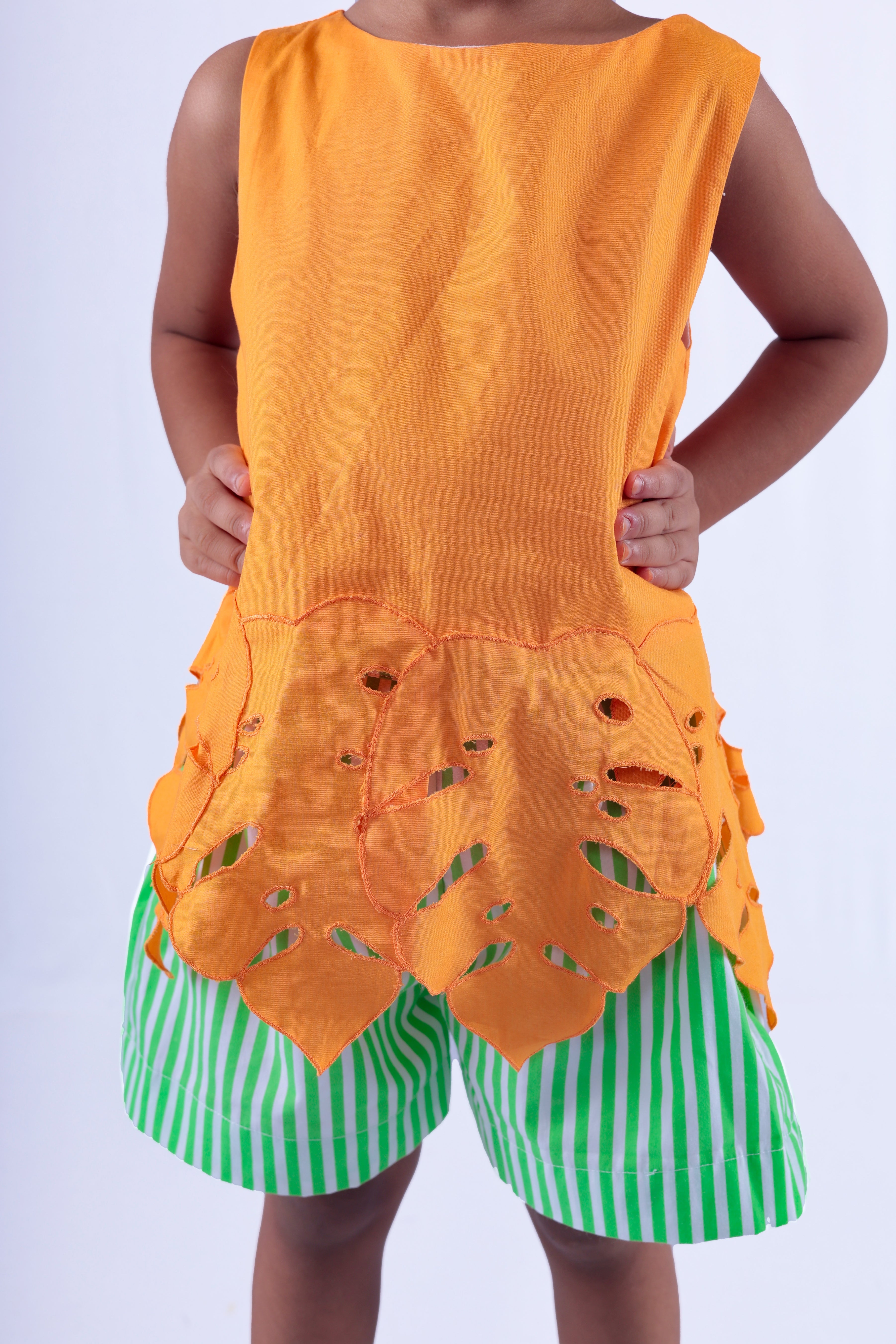 Orange Top with Green and White Stripe Shorts