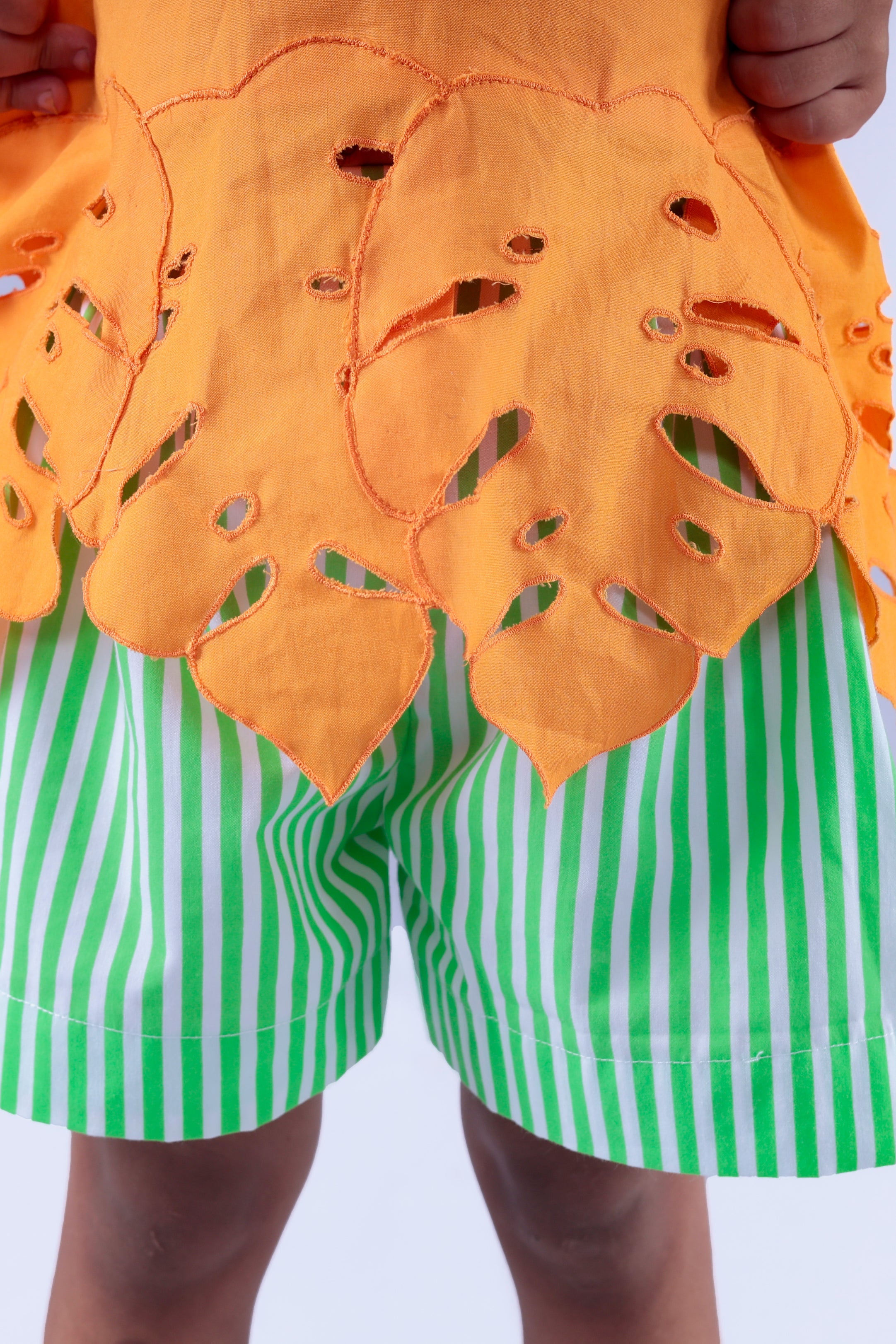 Orange Top with Green and White Stripe Shorts