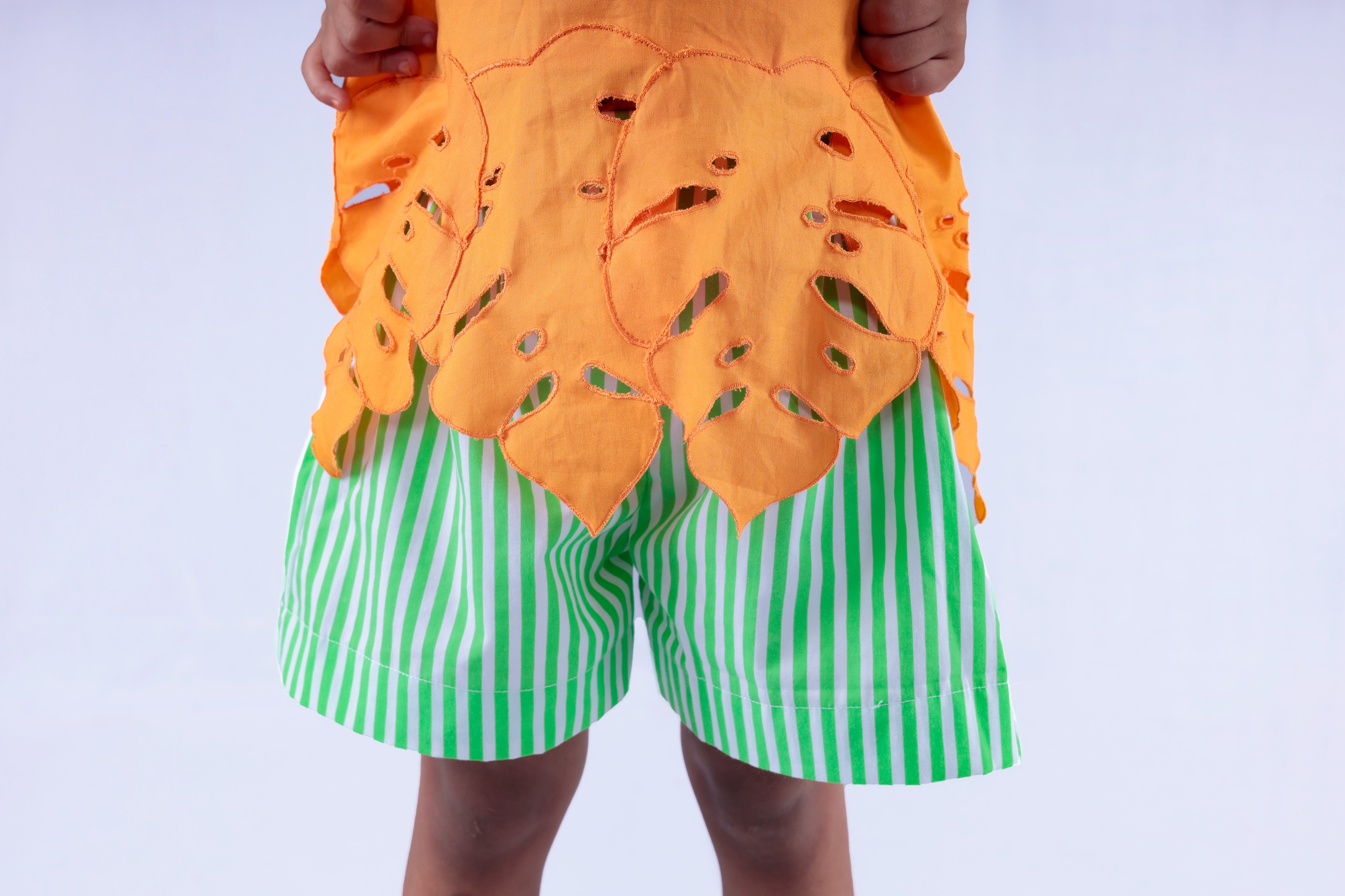 Orange Top with Green and White Stripe Shorts