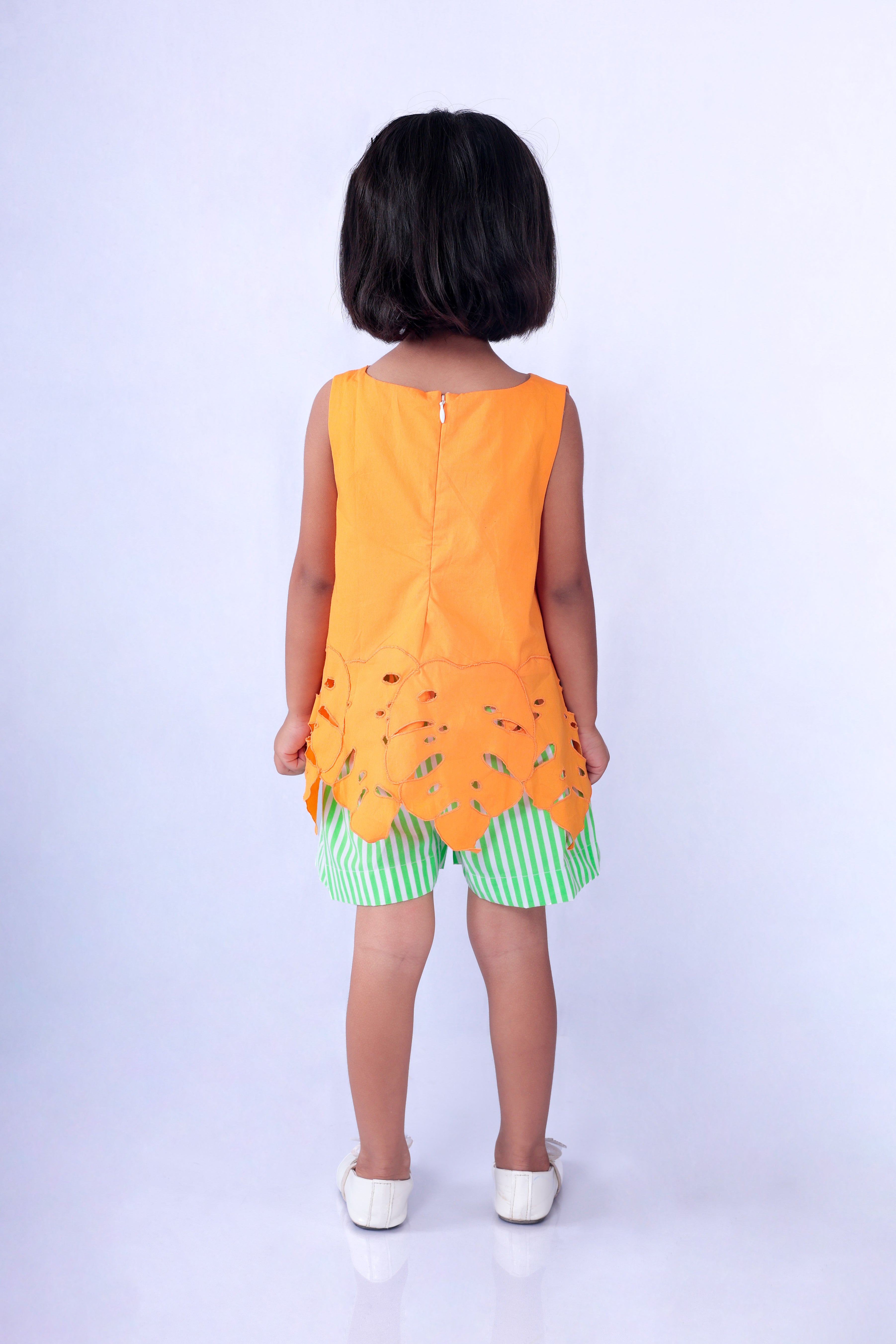 Orange Top with Green and White Stripe Shorts