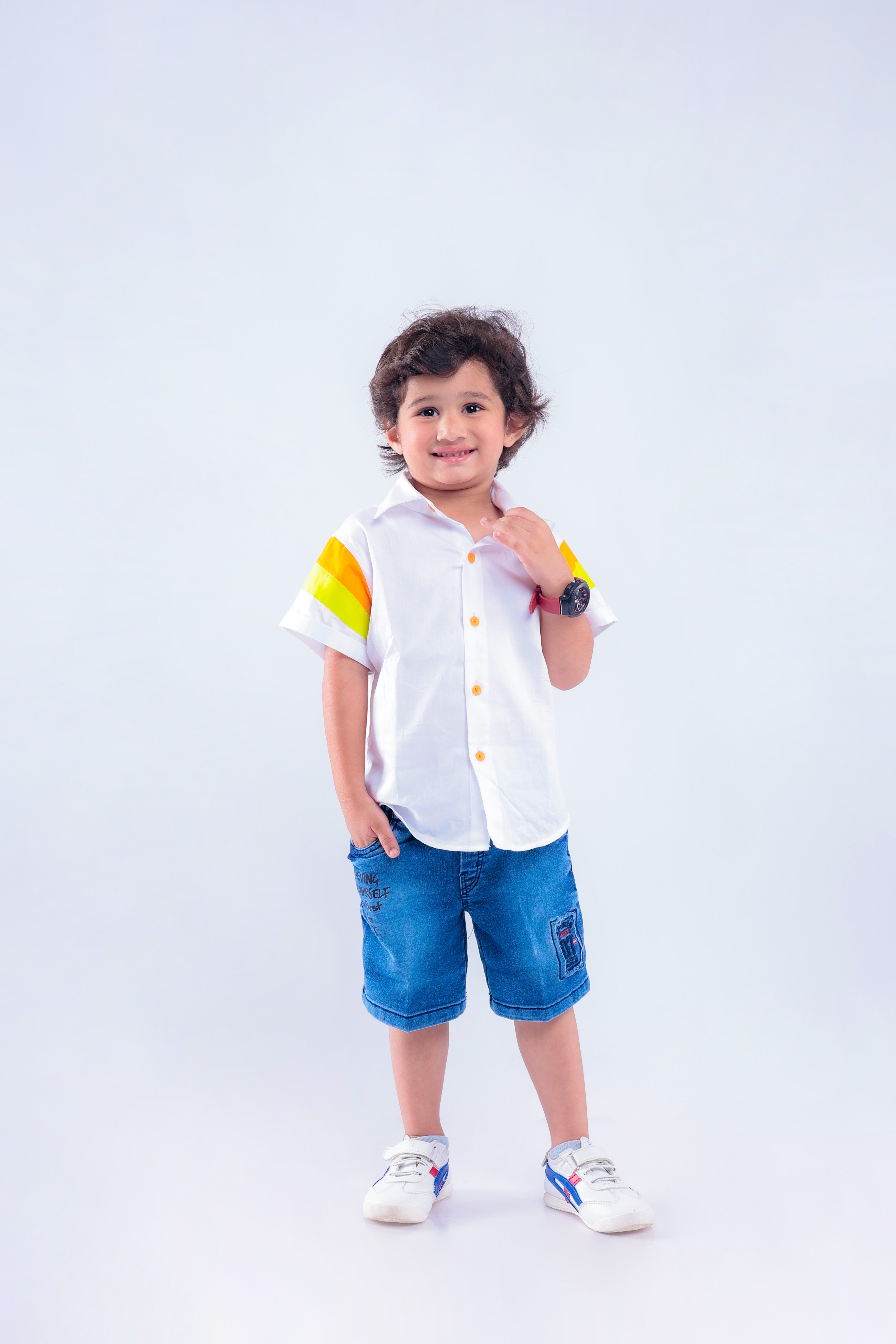 White Shirt with Green & Orange Stripes