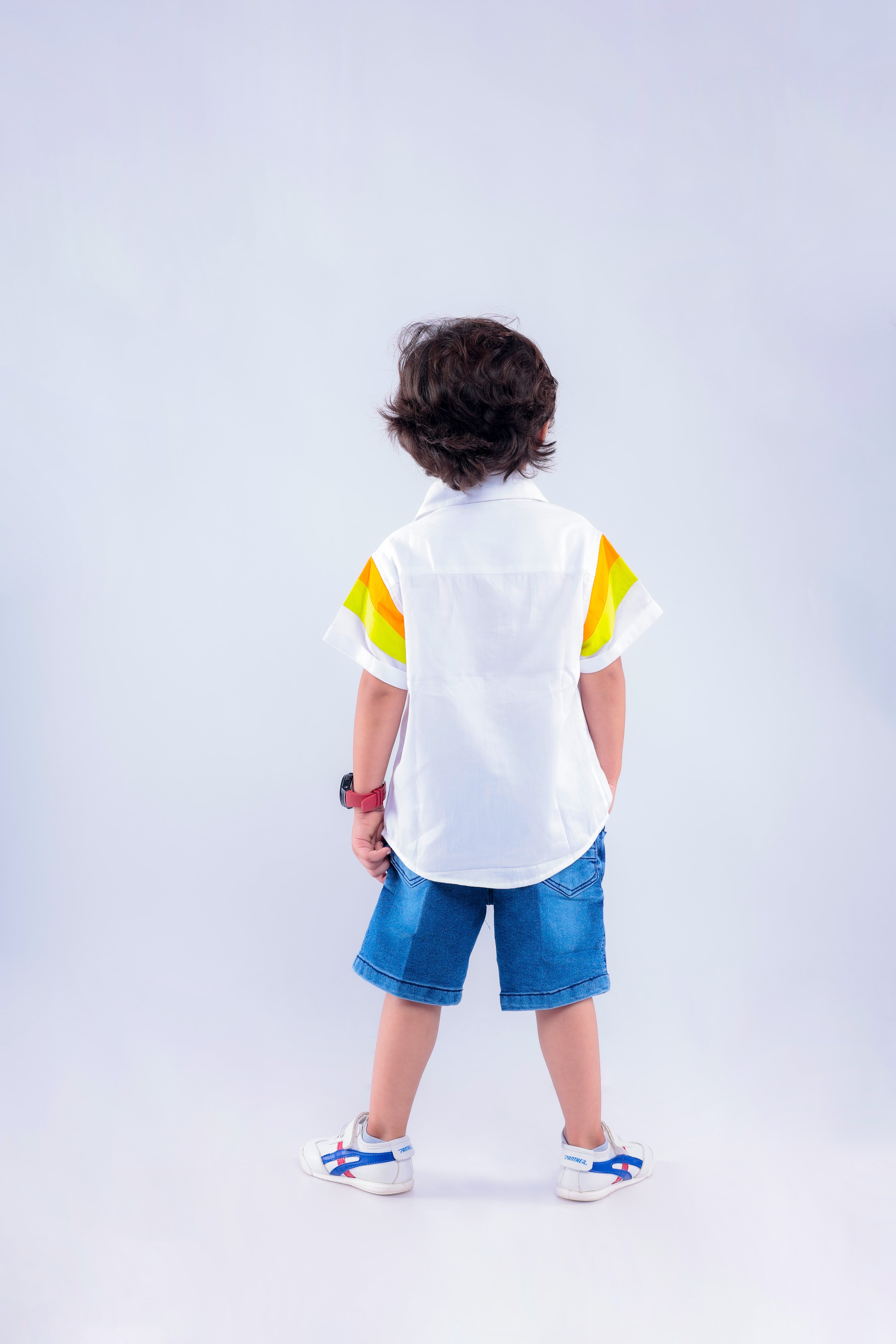White Shirt with Green & Orange Stripes