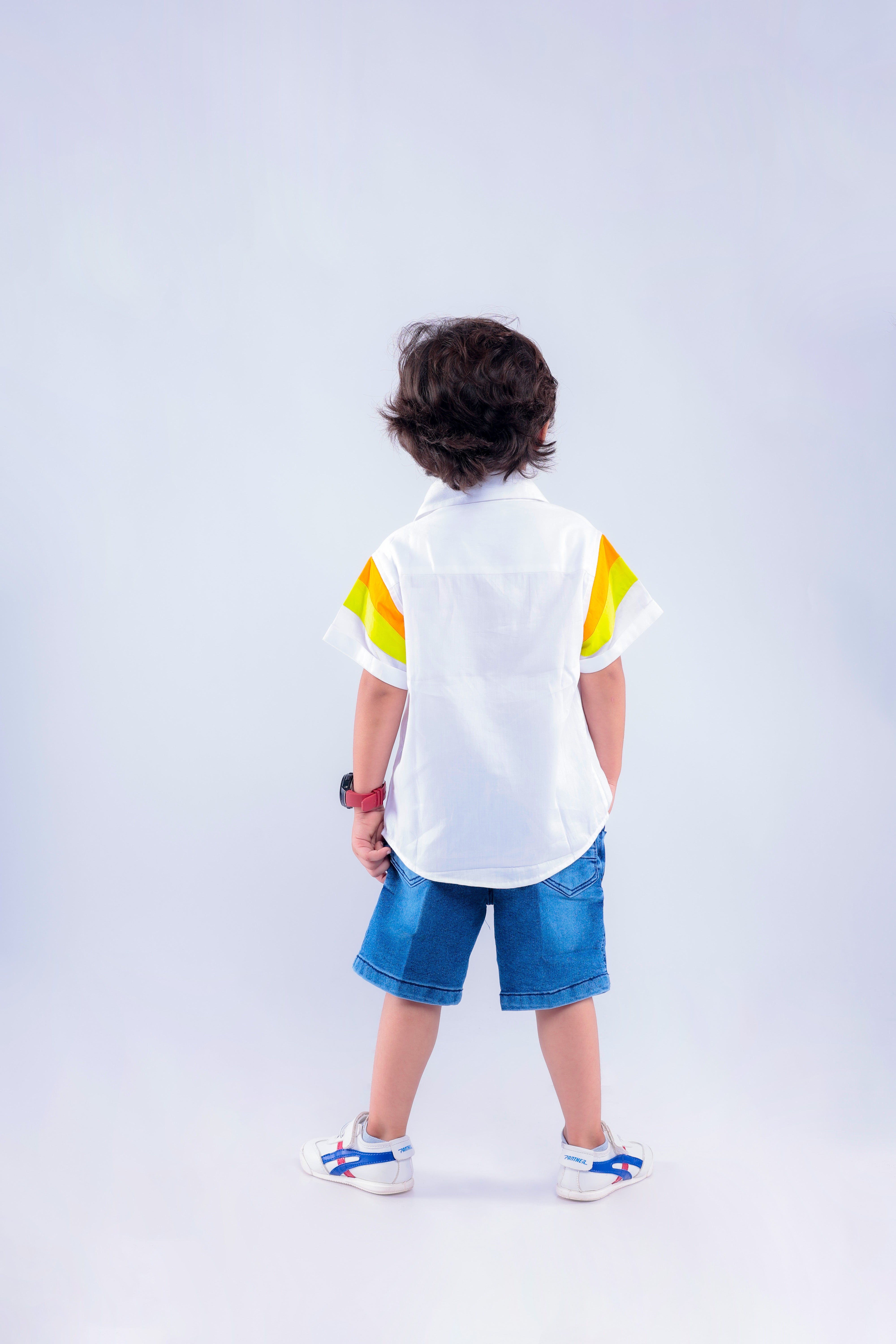 White Shirt with Green & Orange Stripes