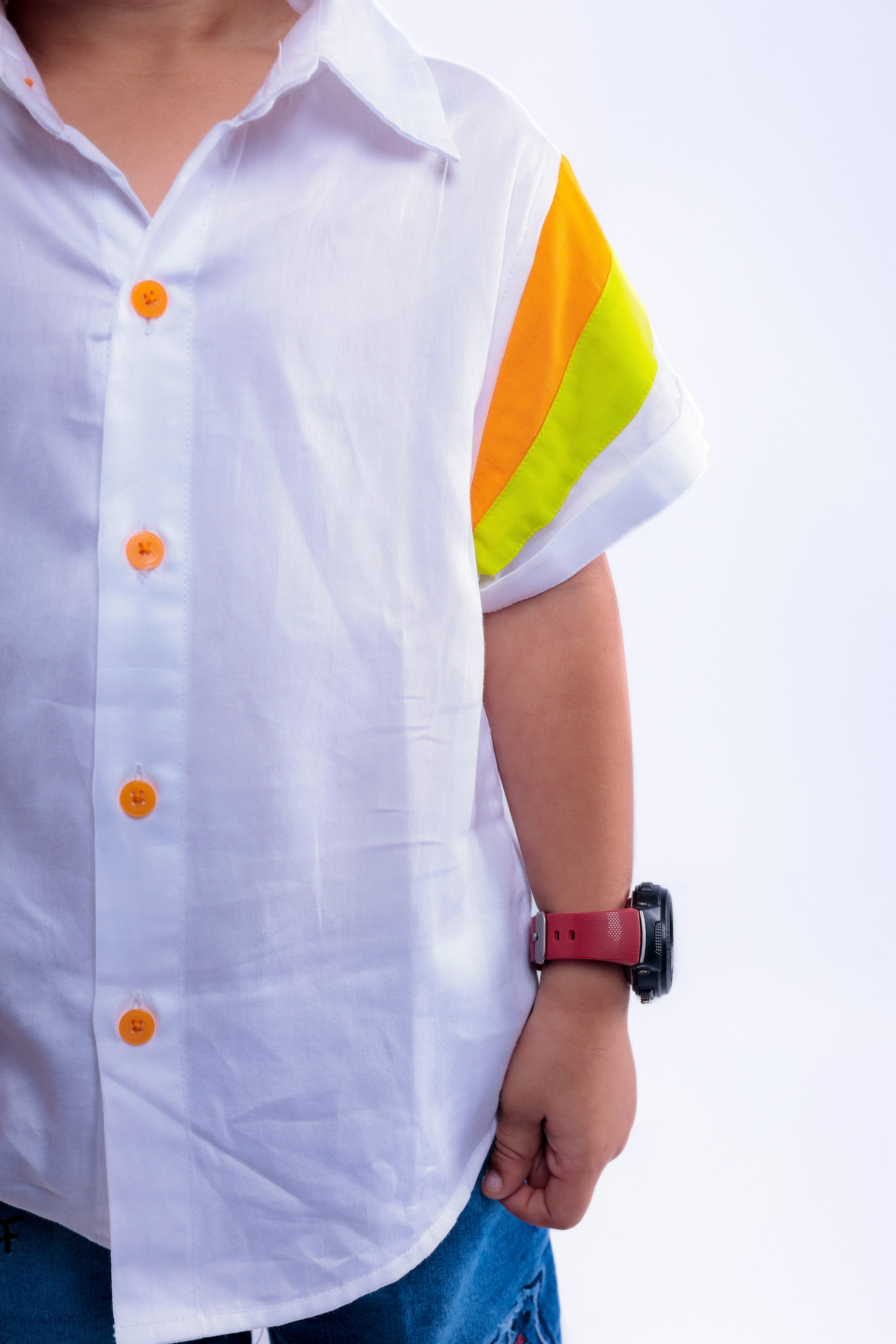 White Shirt with Green & Orange Stripes