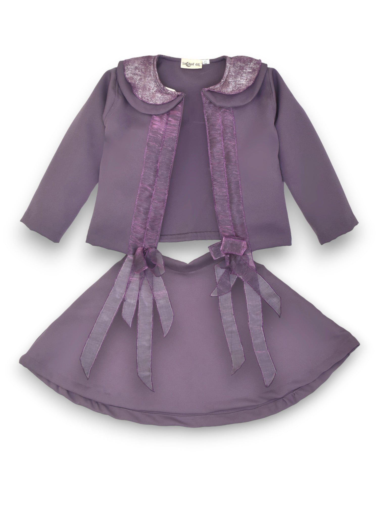 Elegant Mauve Jacket with Playful Bow Accents and Solid Skirt