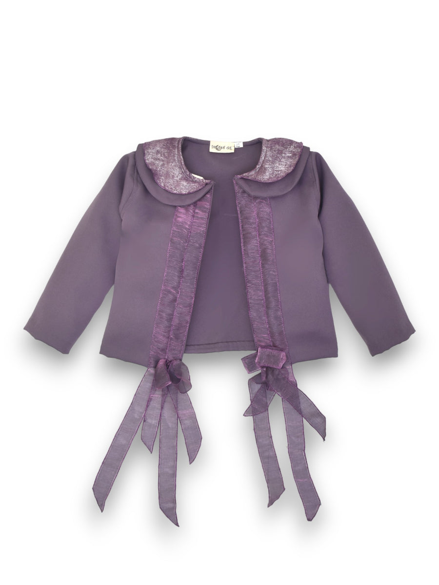 Elegant Mauve Jacket with Playful Bow Accents and Solid Skirt