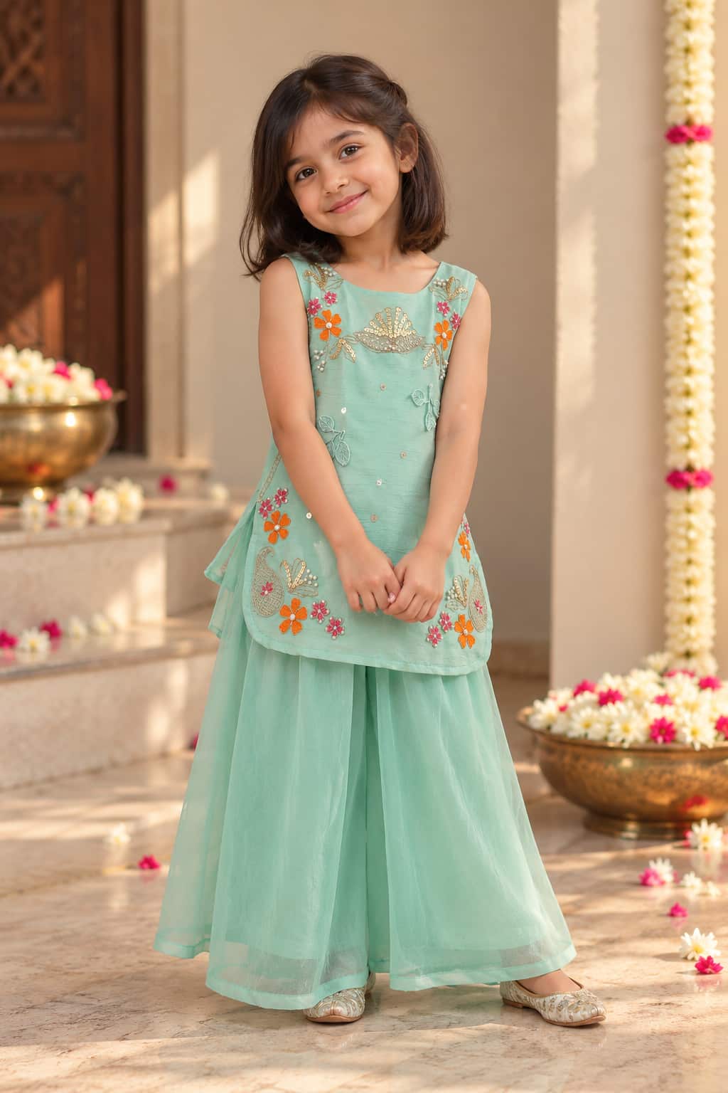 Ambi — Embroidered Top & Palazzo Set in Light Blue