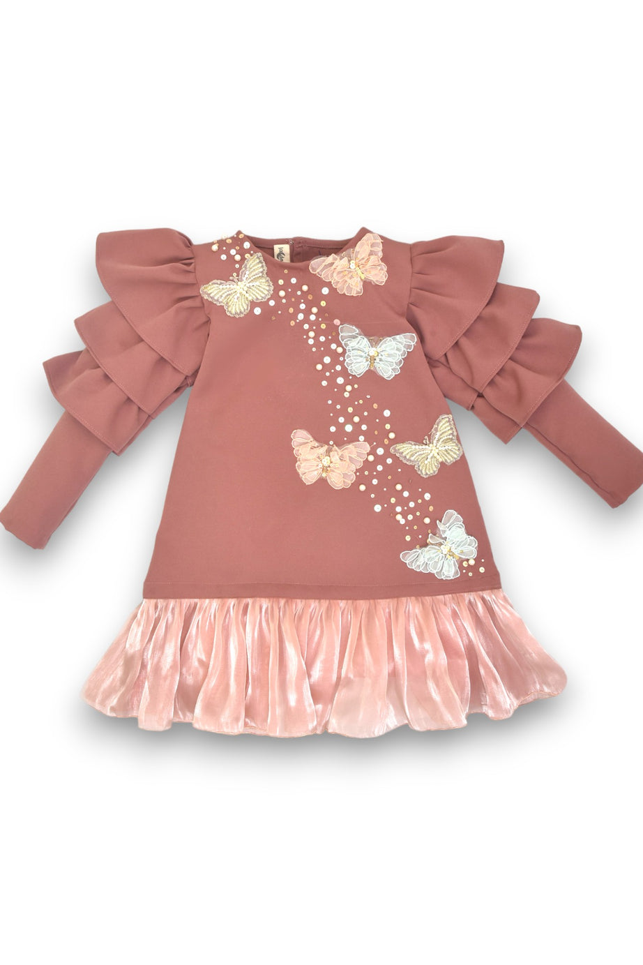 Pink Frill Dress Adorned with Charming 3D Hand Embroidered Butterflies