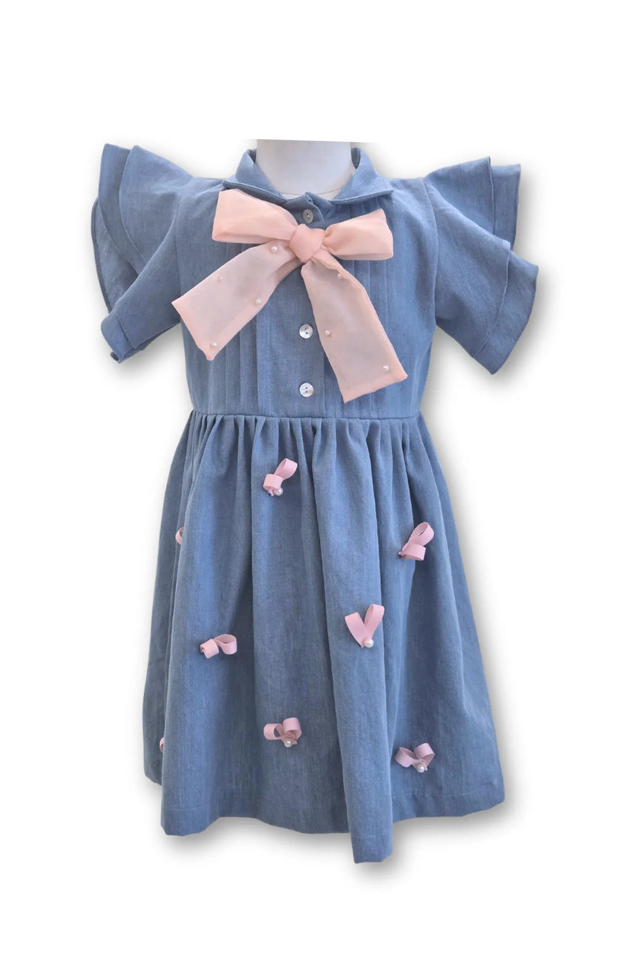 Pink Hearts Denim Dress with a Big Bow