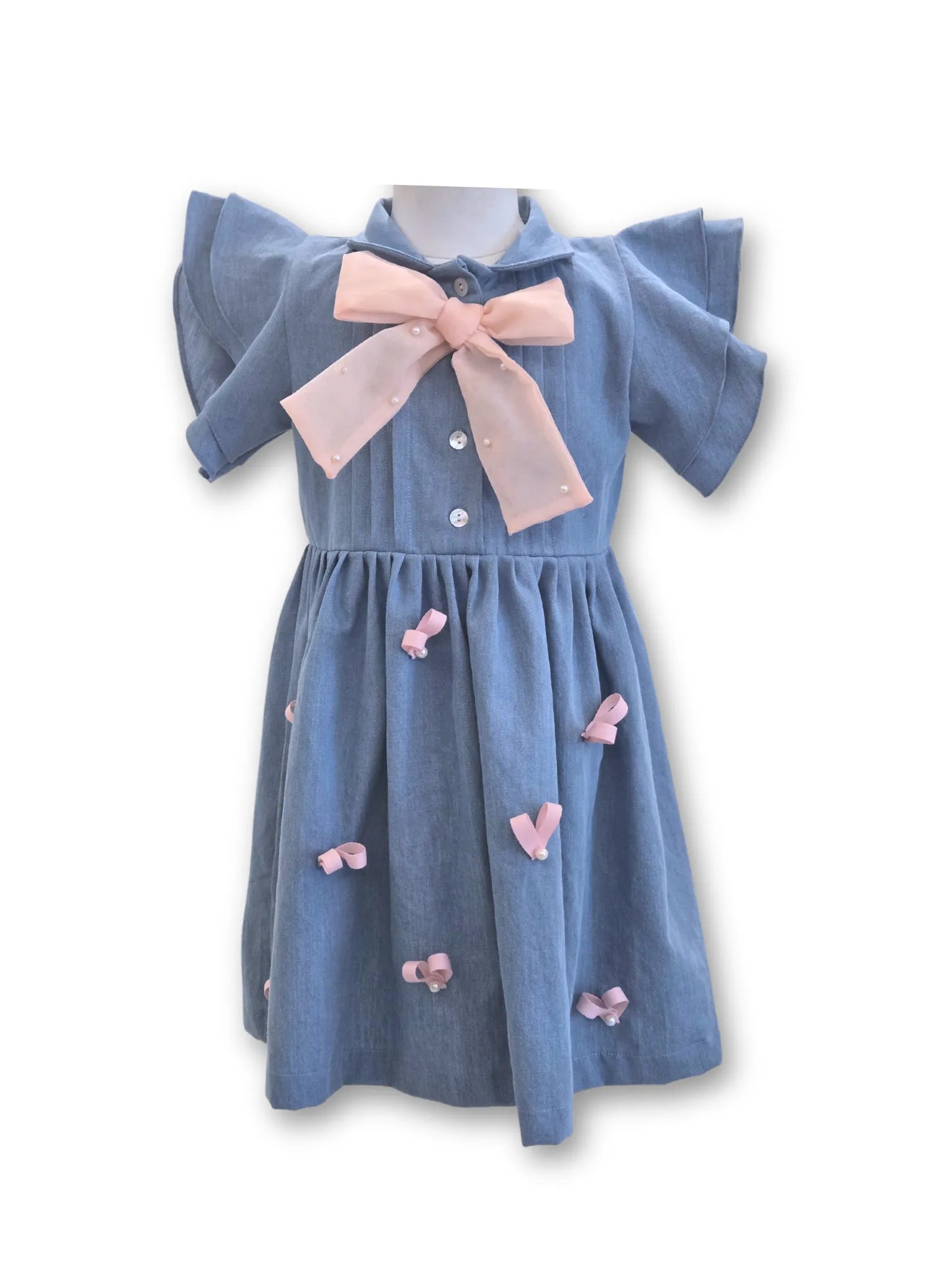 Pink Hearts Denim Dress with a Big Bow