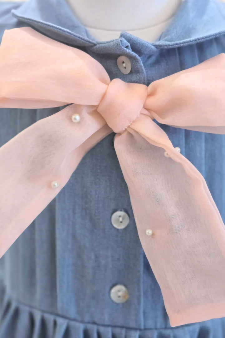 Pink Hearts Denim Dress with a Big Bow