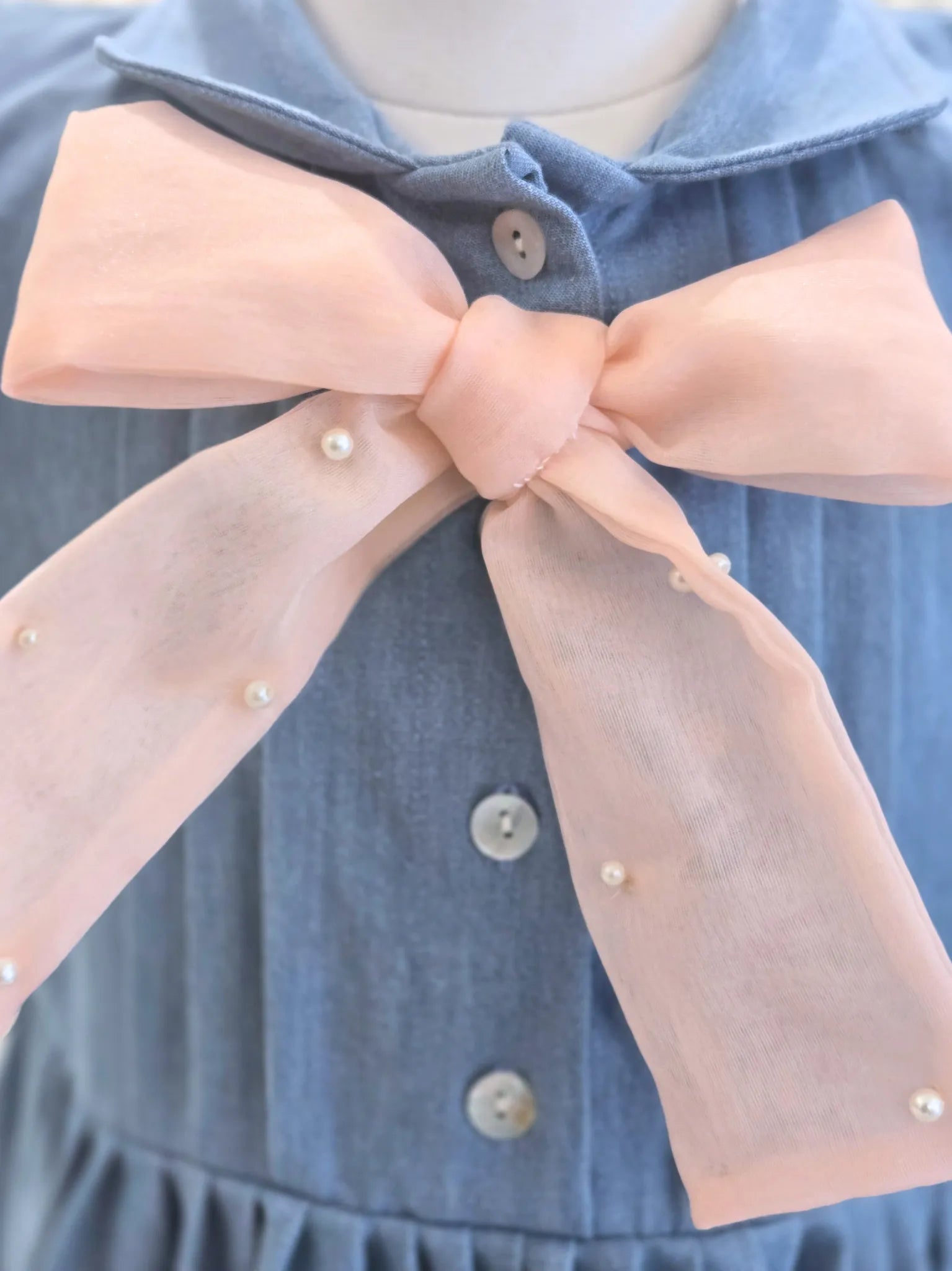 Pink Hearts Denim Dress with a Big Bow