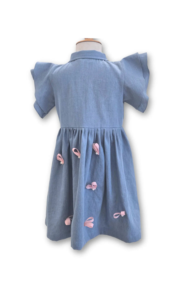 Pink Hearts Denim Dress with a Big Bow