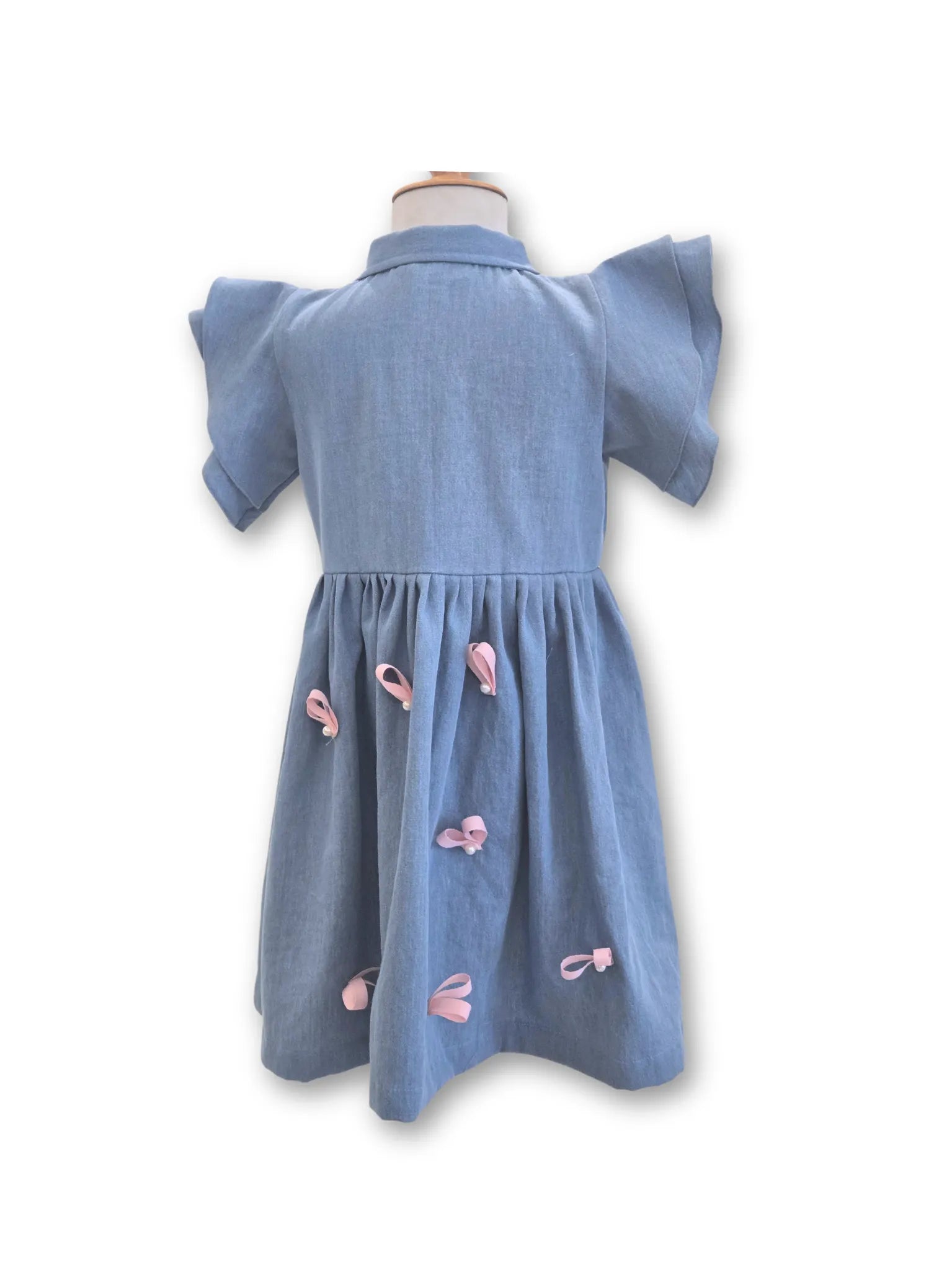 Pink Hearts Denim Dress with a Big Bow