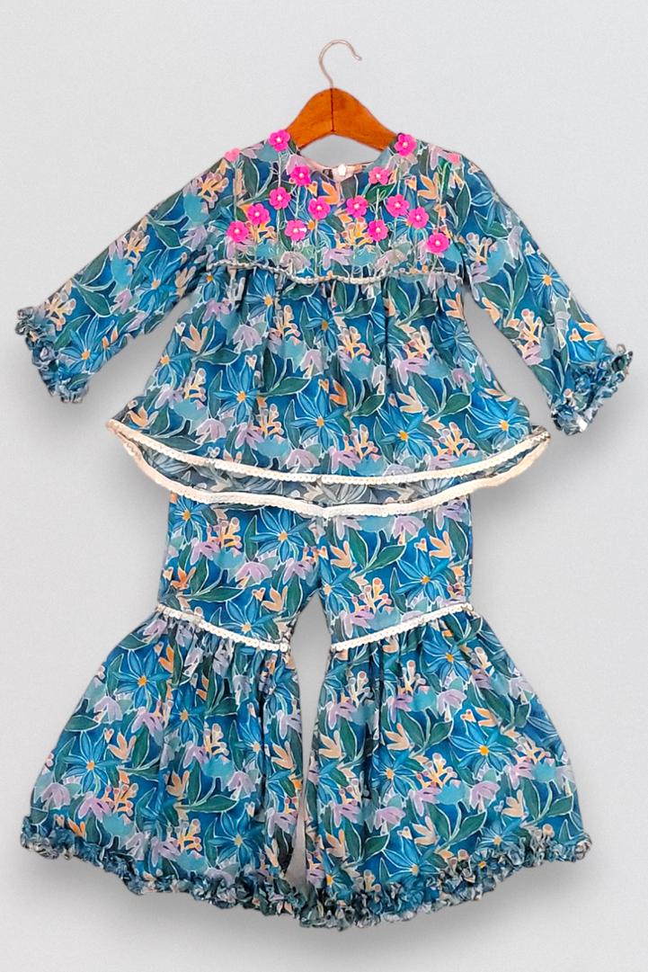 Dark Blue Floral Top with Floral Sequence Embroidery and Sharara in Printed Muslin for Girls