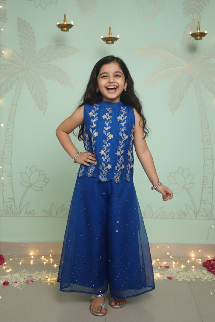 Royal Blue Blossom Top & Palazzo Set for Girls