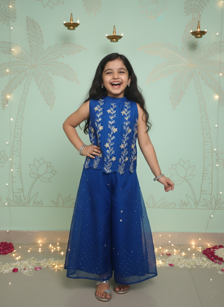 Royal Blue Blossom Top & Palazzo Set for Girls