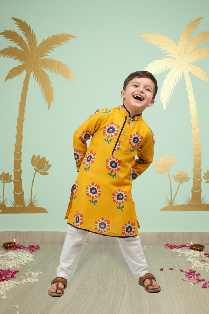 Sunshine Bloom Yellow Printed Kurta Set for Boys
