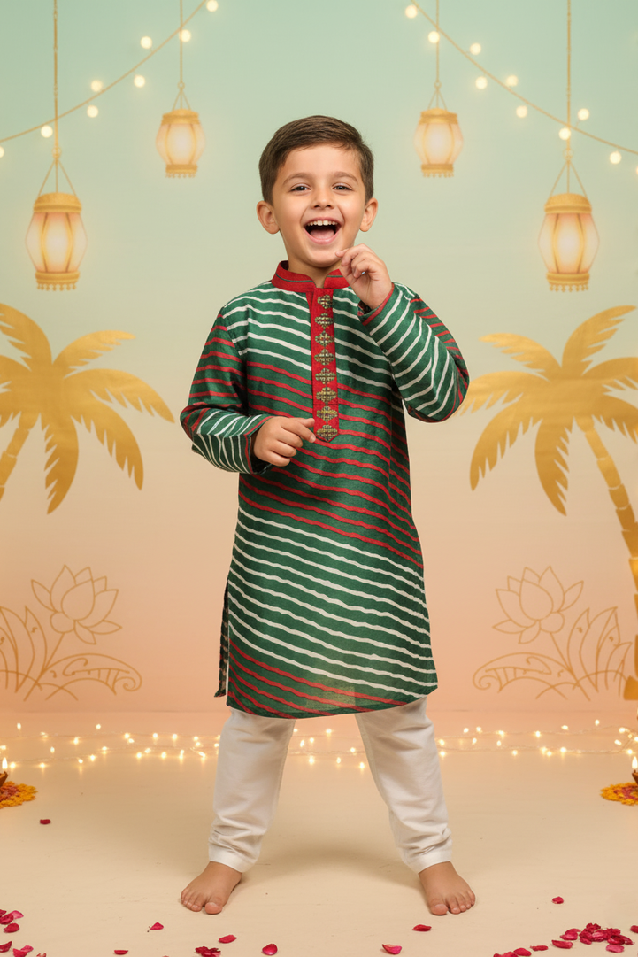 Red and Green Striped Kurta Set for Boys