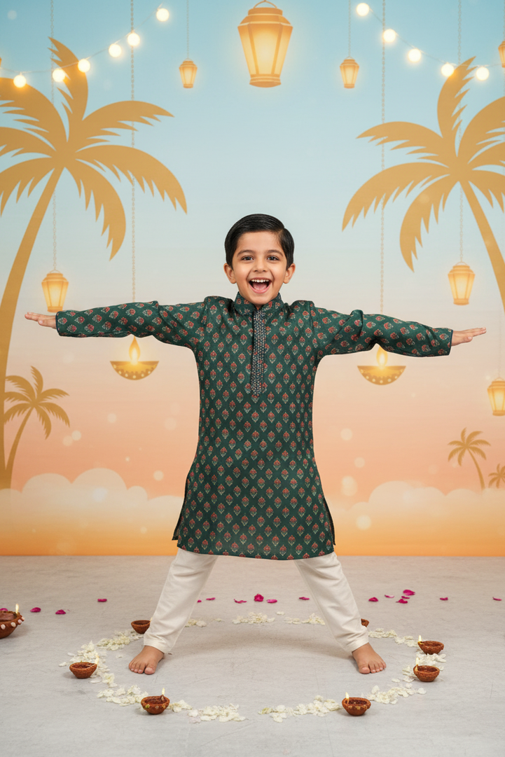 Green Floral Printed Kurta Set for Boys