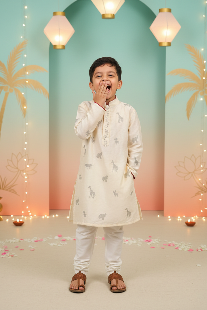 Ivory Safari Embroidered Kurta Set for Boys