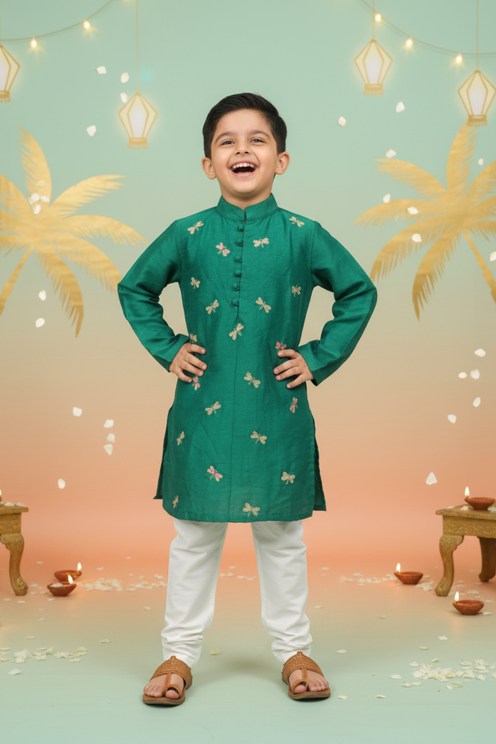 Green Dragonfly Embroidered Kurta Set for Boys