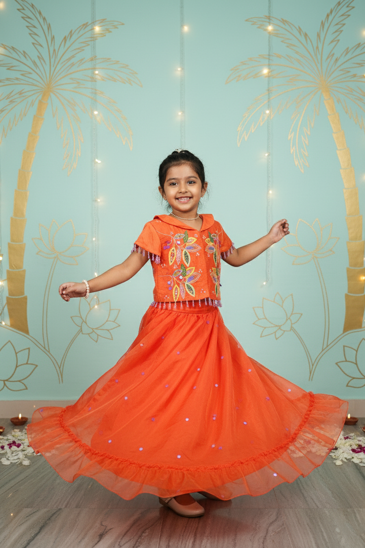 Orange Botanical Embroidered Top & Organza Skirt Set for Girls