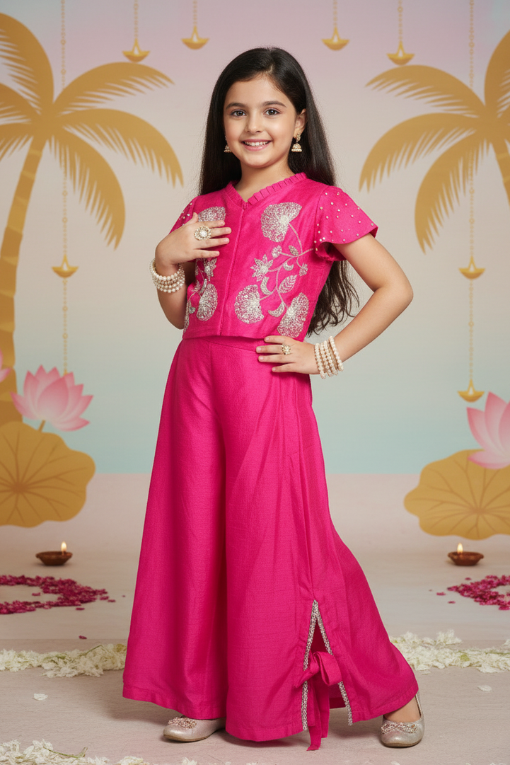 Radiant Fuchsia Pearl Embroidered Top & Palazzo Set for Girls