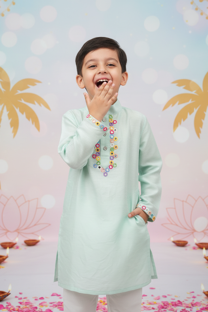 Mint Mirror Work Embroidered Kurta Set for Boys