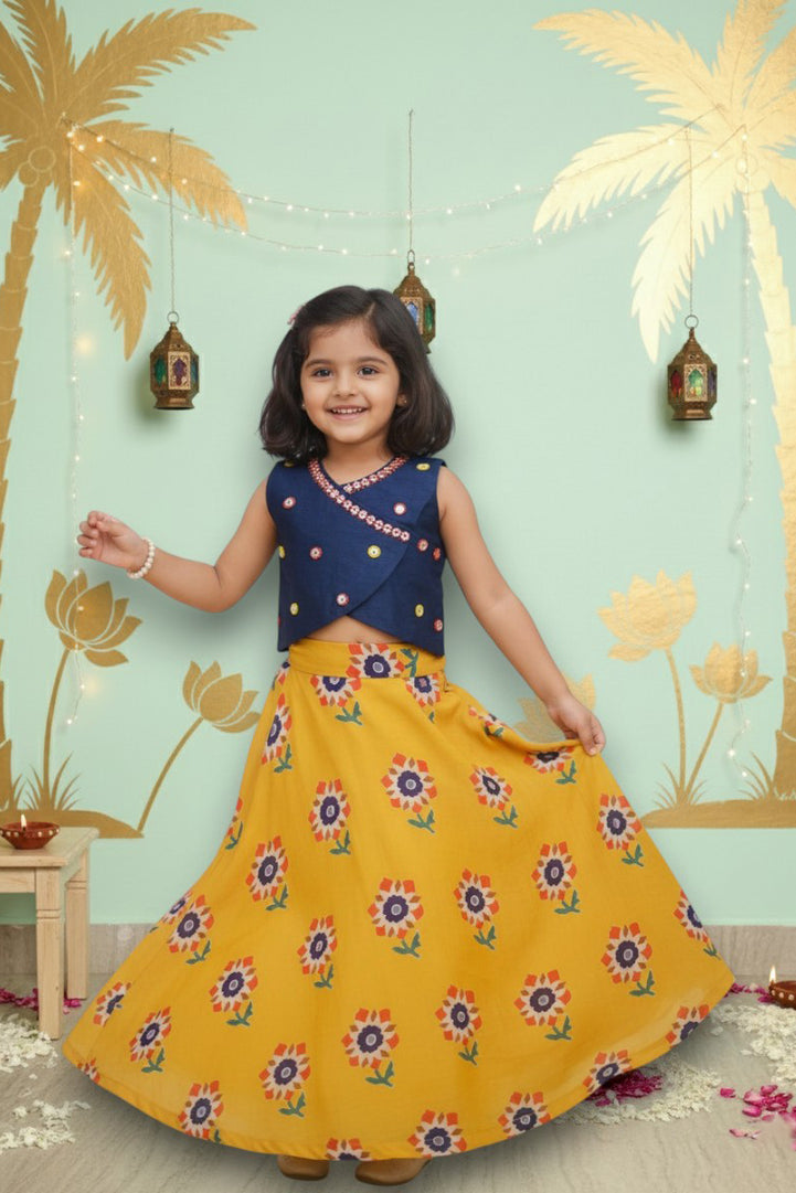 Sunny Meadow Blue Embroidered Top & Yellow Skirt Set for Girls