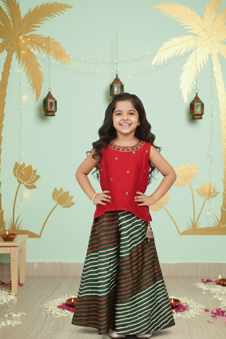 Festive Stripes & Scarlet Sparkle Top and Palazzo Set for Girls