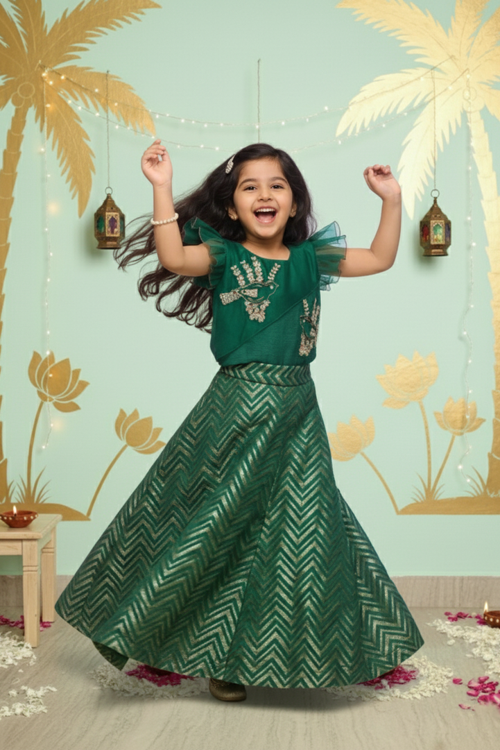 Emerald Songbird Top & Chevron Lehenga Set for Girls