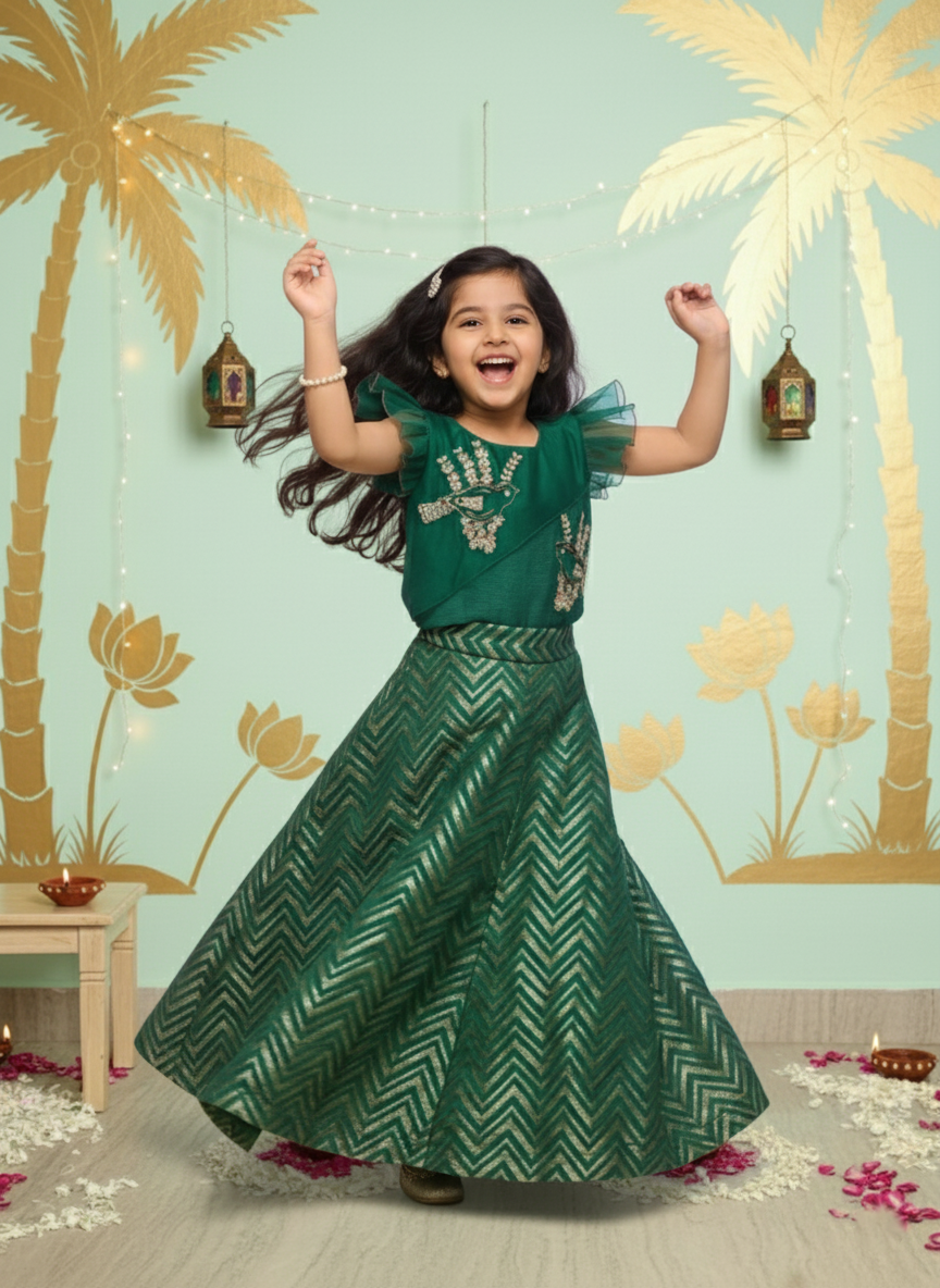 Emerald Songbird Top & Chevron Lehenga Set for Girls