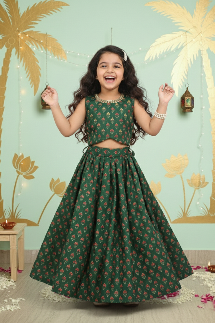 Floral Bloom Printed Top & Pleated Lehenga Set for Girls