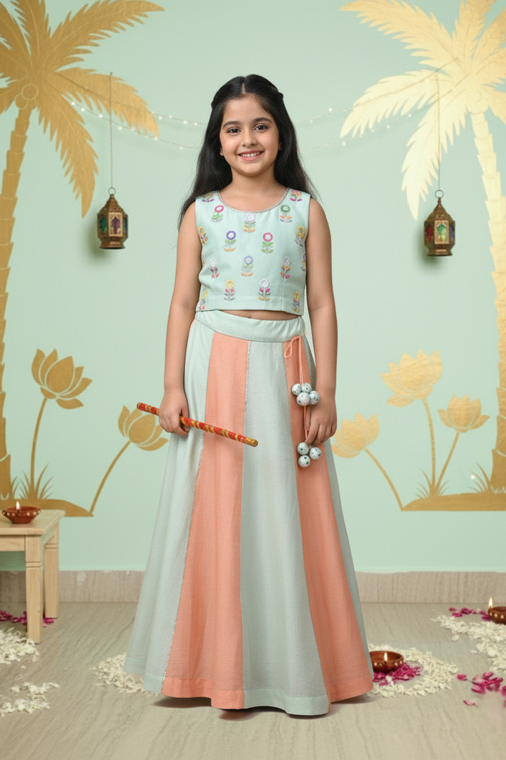 Beautiful Mirror Work Floral Top with Gota Panelled Lehenga Set for girls