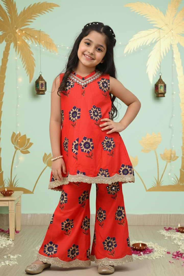 Marigold Mirrorwork Kurta and Pant Set for Girls
