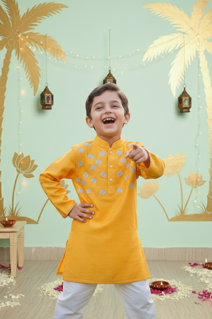 Yellow Lotus Embroidered Kurta Set for Boys
