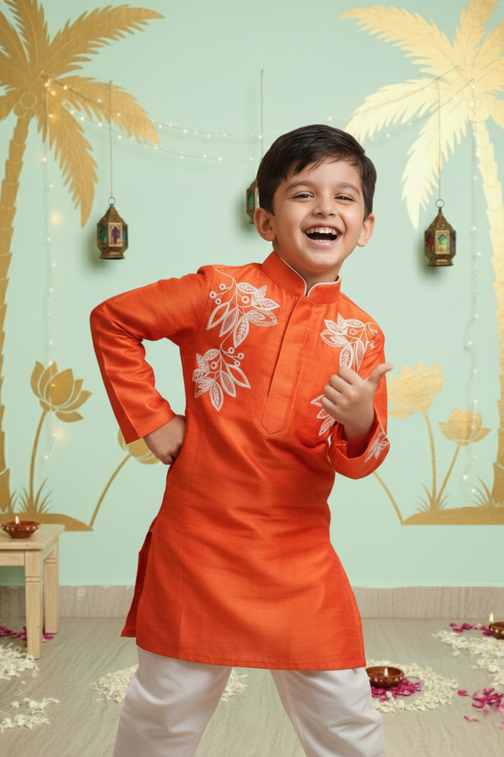 Fiery Orange Radiance: Embroidered Kurta-Pajama Set for Boys