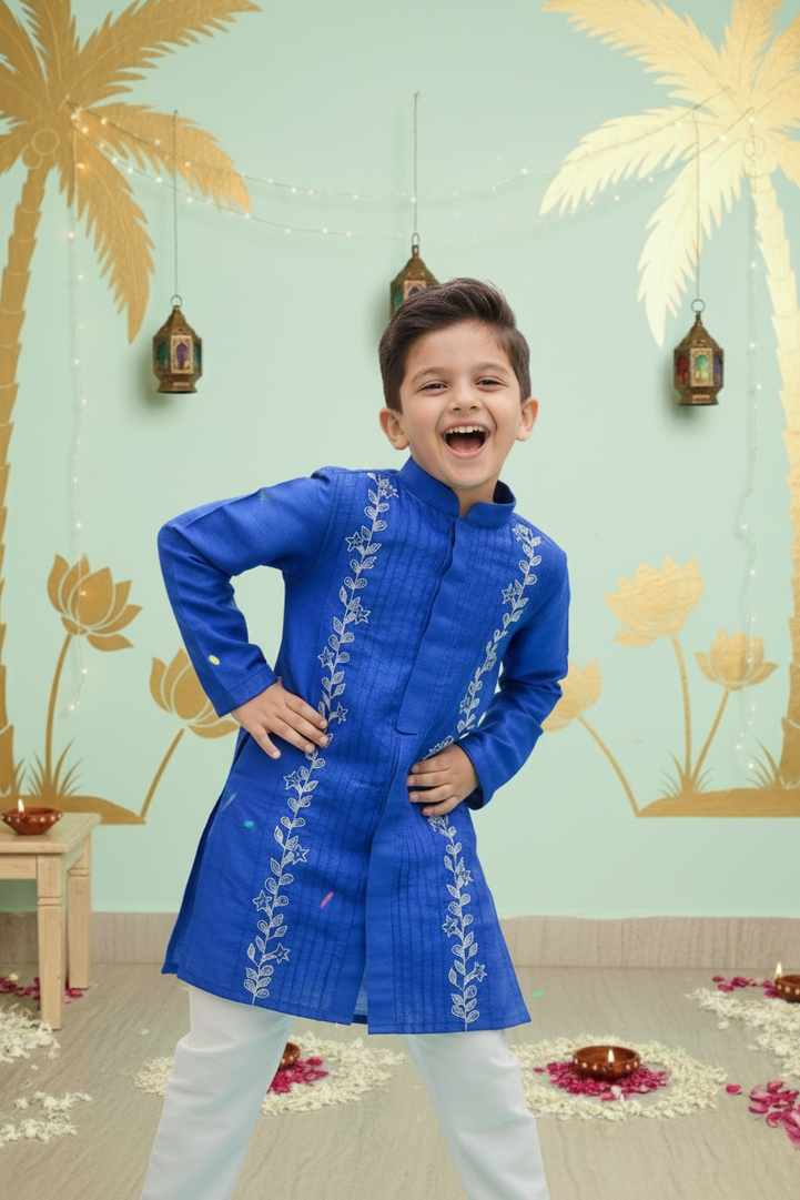 Royal Blue Elegance: Embroidered Kurta-Pajama Set for Boys