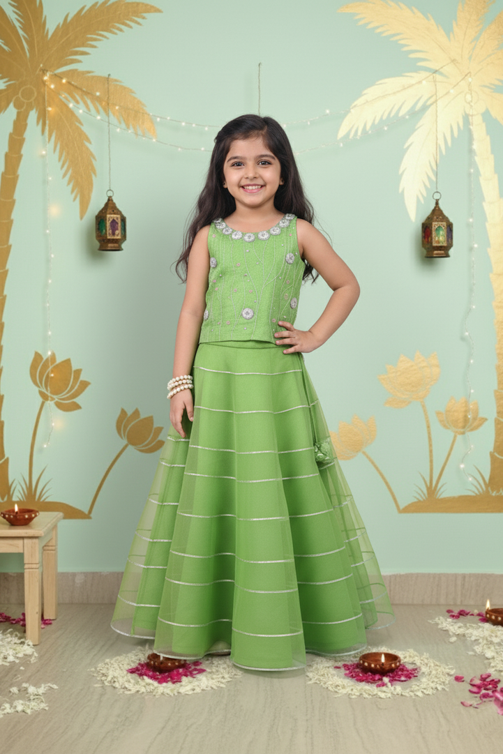 Lime Green Glimmer Top & Gota Lehenga Set for Girls