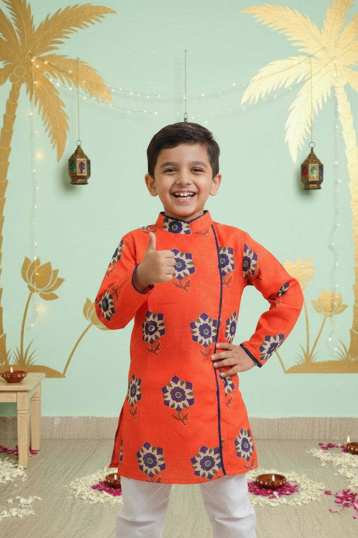 Tomato Red Floral Printed Kurta-Pyjama Set for Boys